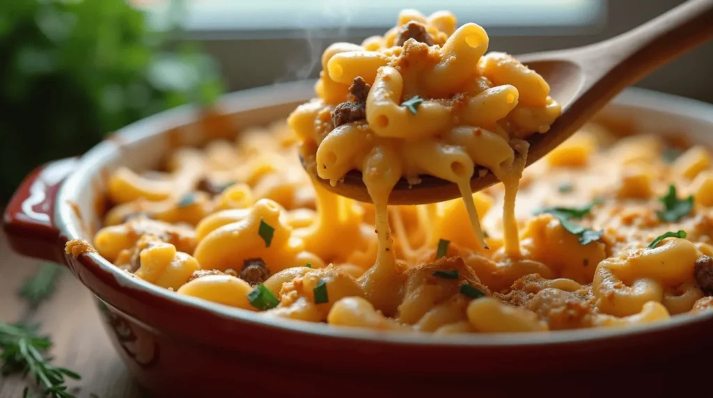 Homemade Hamburger Mac and Cheese with golden cheese crust and ground beef