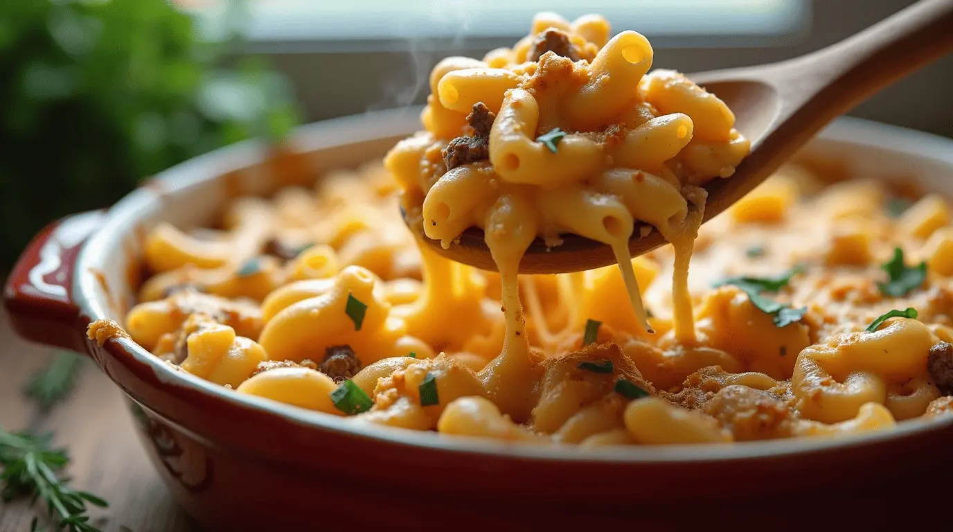 Homemade Hamburger Mac and Cheese with golden cheese crust and ground beef