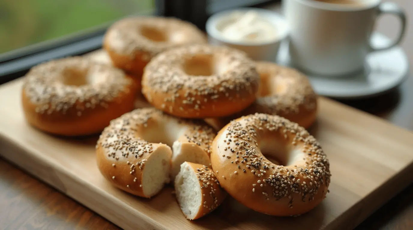 Freshly baked golden-brown gluten free bagels topped with seeds on a wooden board with cream cheese