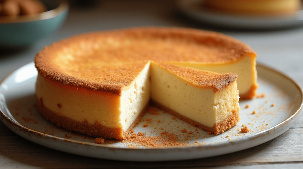 A sliced Churro Cheesecake Recipe with cinnamon sugar topping, served on a stylish plate with a fork.