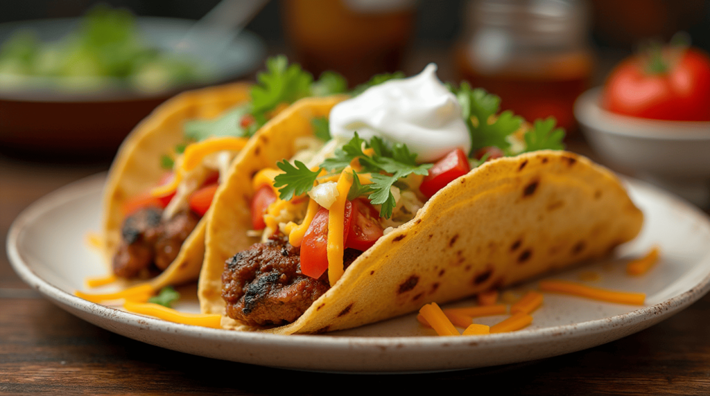 A plate of baked tacos, garnished with cheese, lettuce, tomatoes, and sour cream, served in a cozy kitchen setting.