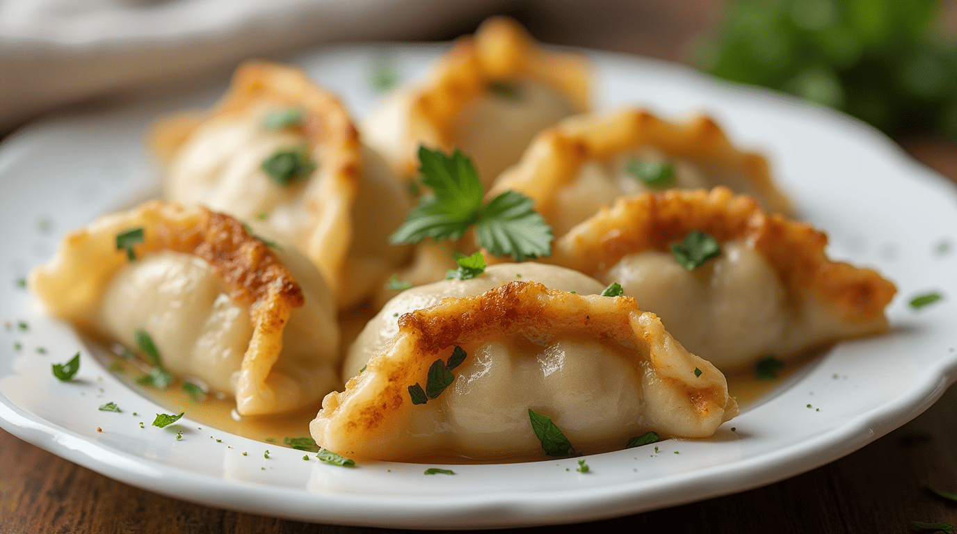 Golden-brown, freshly made gluten free dumplings garnished with herbs on a white plate.