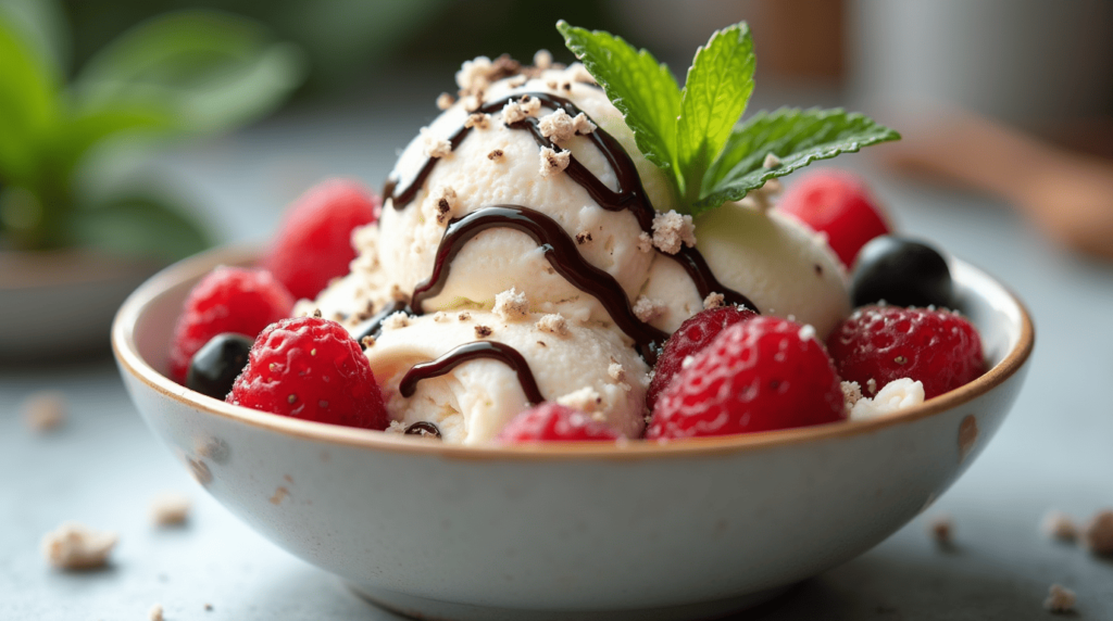 Bowl of Ninja Creami protein ice cream with berries and chocolate drizzle