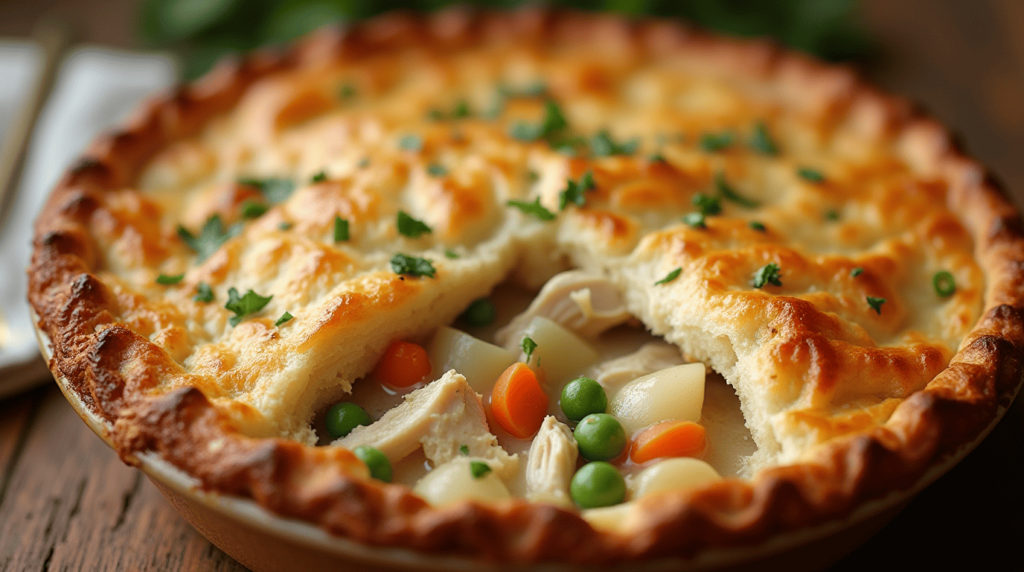 Golden and delicious gluten free chicken pot pie with flaky crust and creamy filling