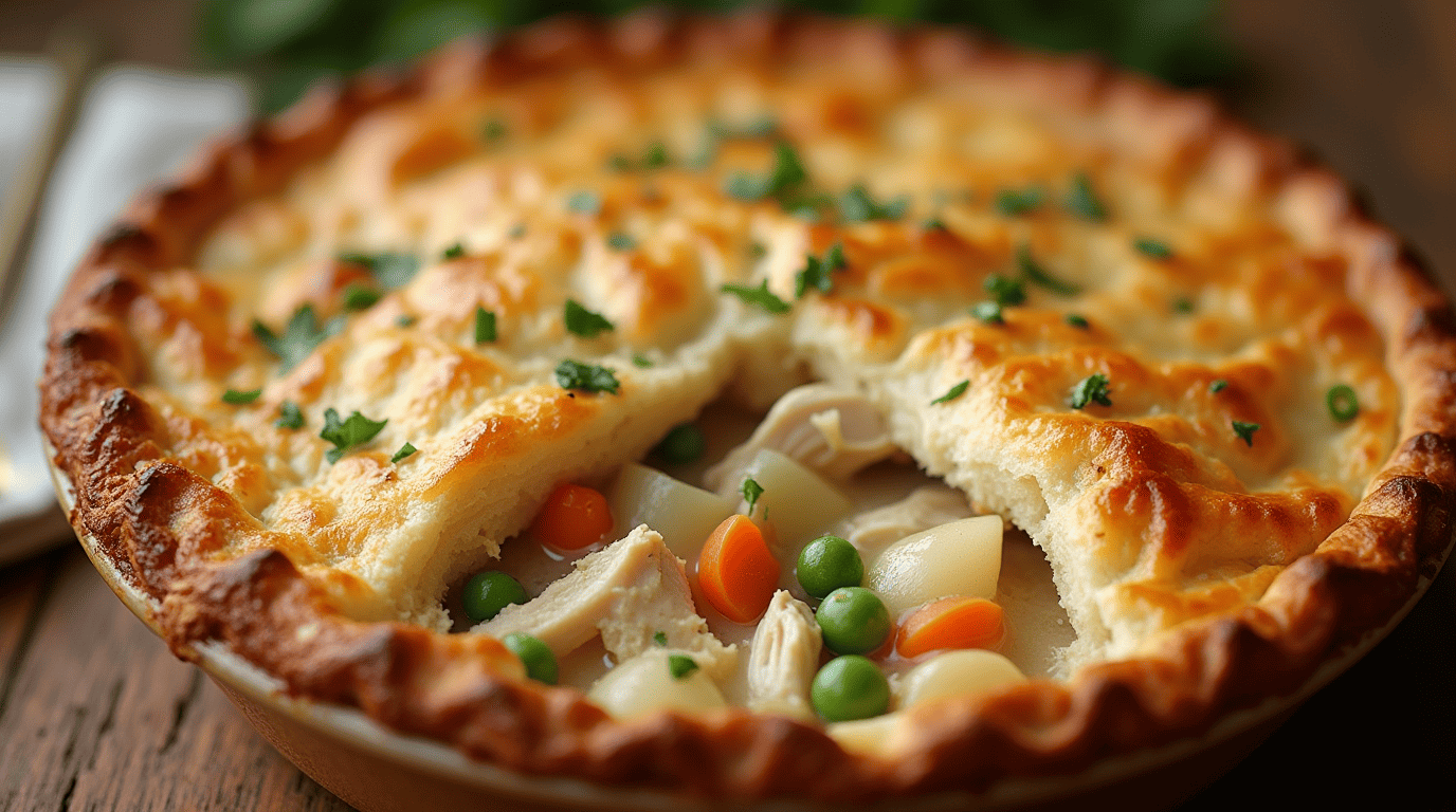 Golden and delicious gluten free chicken pot pie with flaky crust and creamy filling