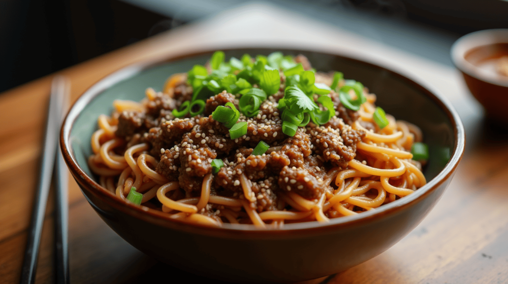 Bowl of Mongolian ground beef noodles topped with green onions and sesame seeds.