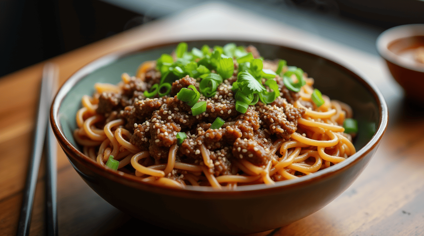 Bowl of Mongolian ground beef noodles topped with green onions and sesame seeds.