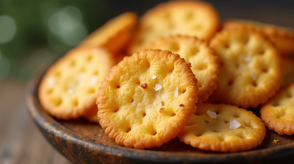 Homemade gluten free cheez its crackers served on a wooden board
