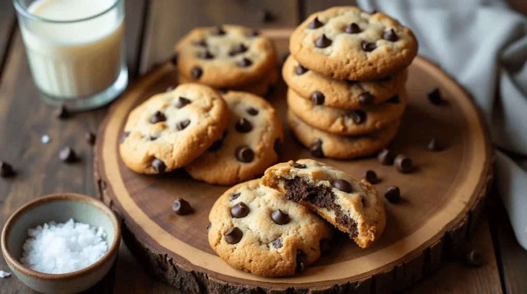 Freshly baked almond flour chocolate chip cookies with melty chocolate chips and golden edges