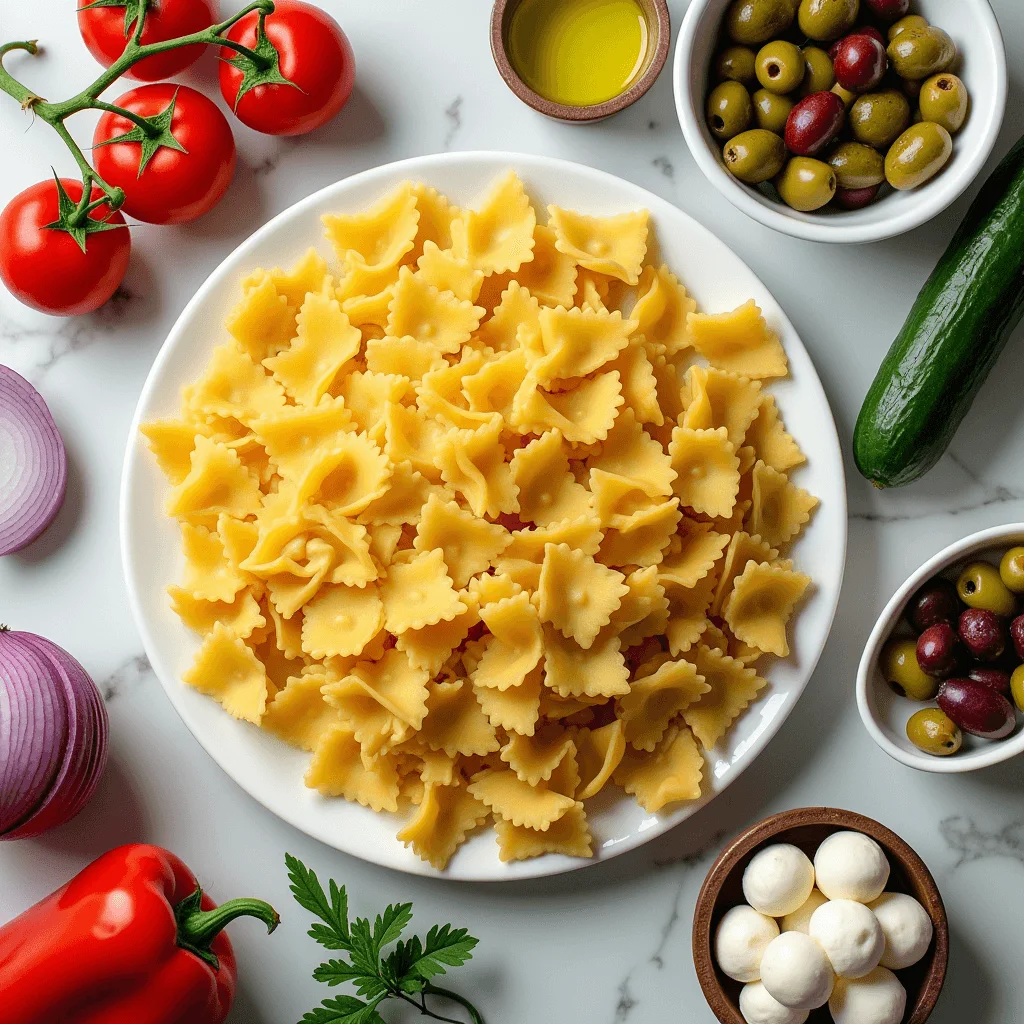 Fresh ingredients for bow tie pasta salad arranged on marble countertop