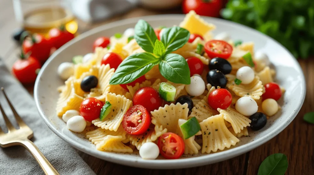 Homemade bow tie pasta salad with colorful vegetables and fresh herbs in a white bowl