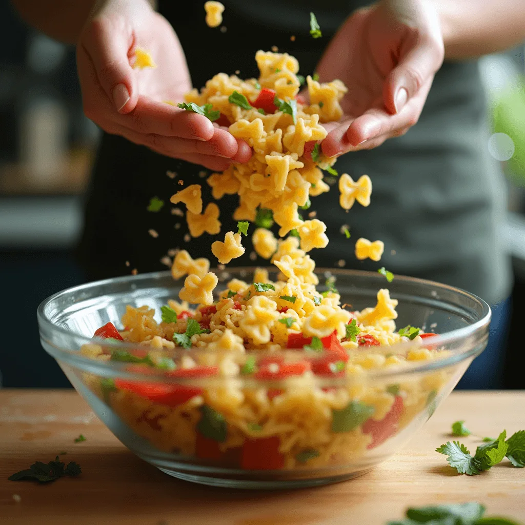 Hands tossing bow tie pasta salad with dressing in a large mixing bowl