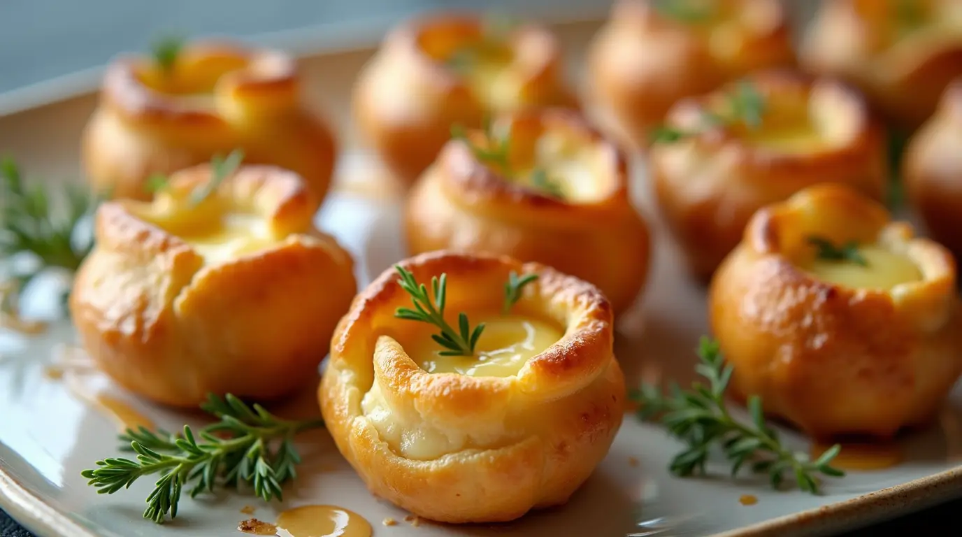 Golden-brown brie cheese bites on serving platter with honey drizzle and herb garnish