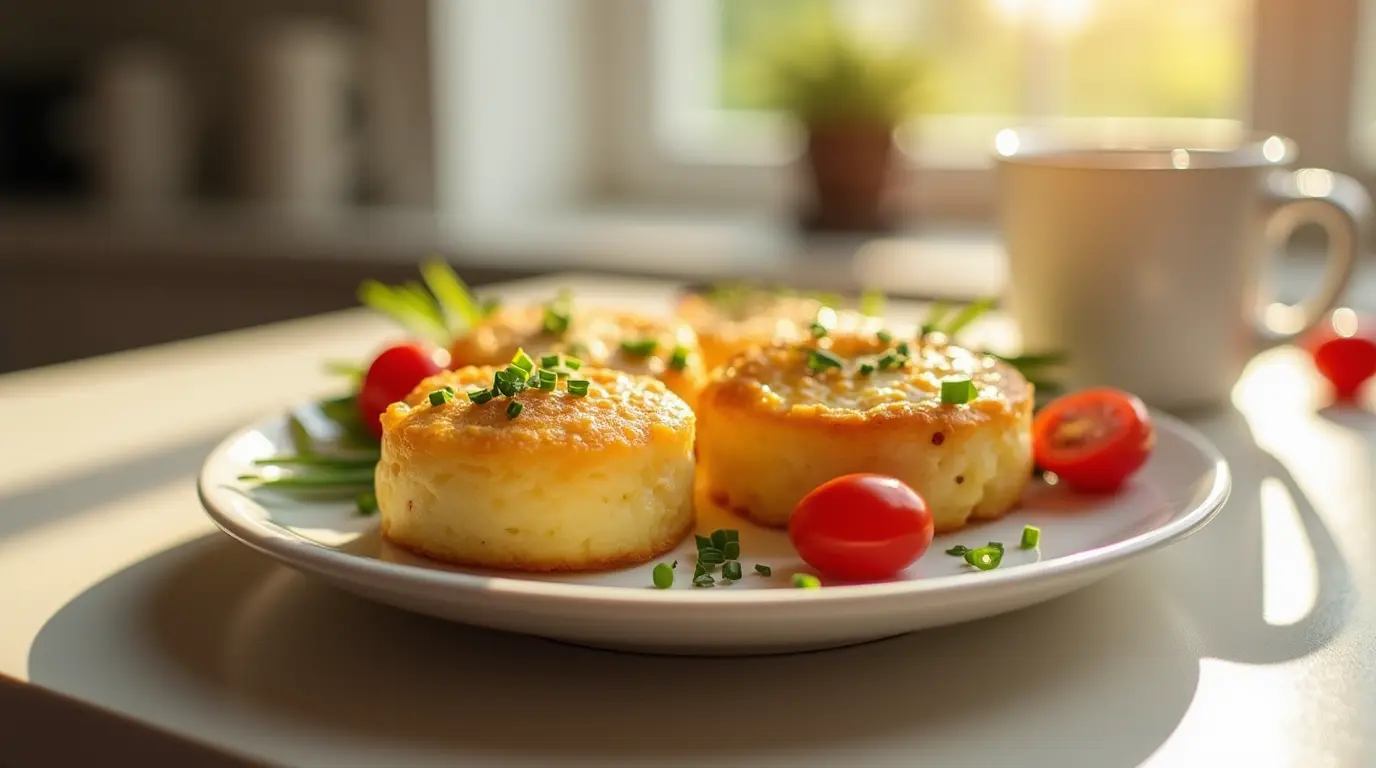 Golden cottage cheese egg bites garnished with fresh herbs on a white plate with coffee