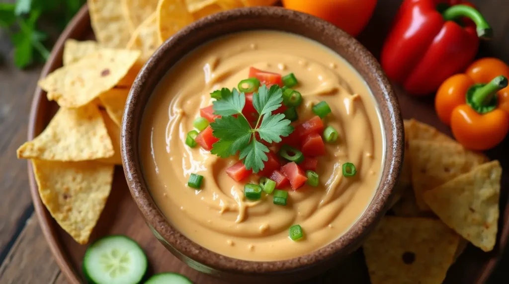 Creamy cottage cheese queso dip in a rustic bowl with tortilla chips and fresh vegetables