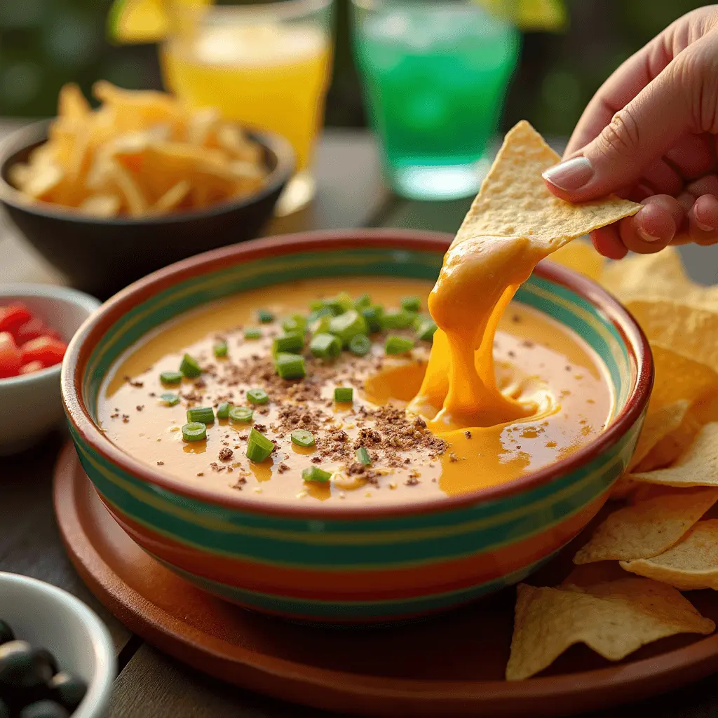 Mexican-themed party spread featuring cottage cheese queso dip with cheese pull and festive accompaniments