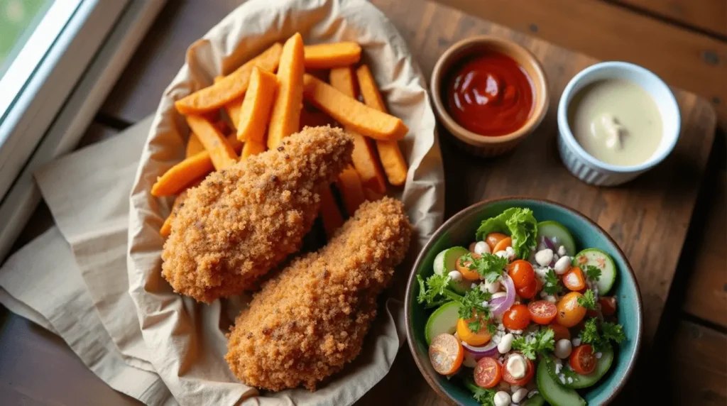 Complete meal featuring gluten free chicken tenders with sides and dipping sauces