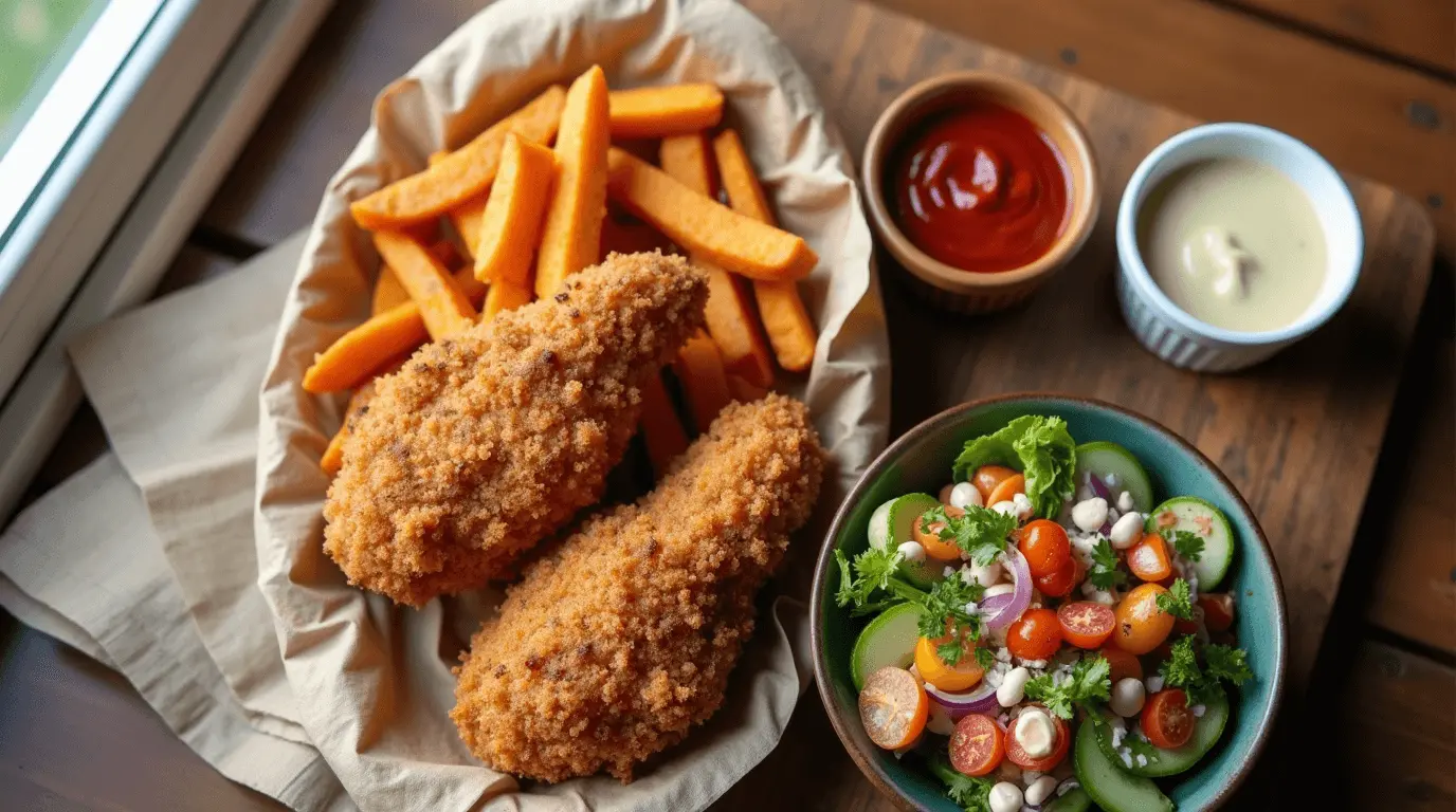 Complete meal featuring gluten free chicken tenders with sides and dipping sauces