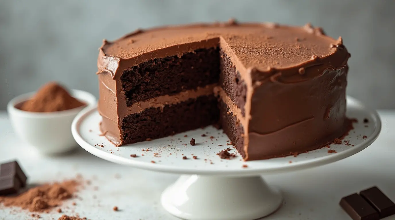 Sliced gluten-free chocolate cake with fluffy texture and rich frosting