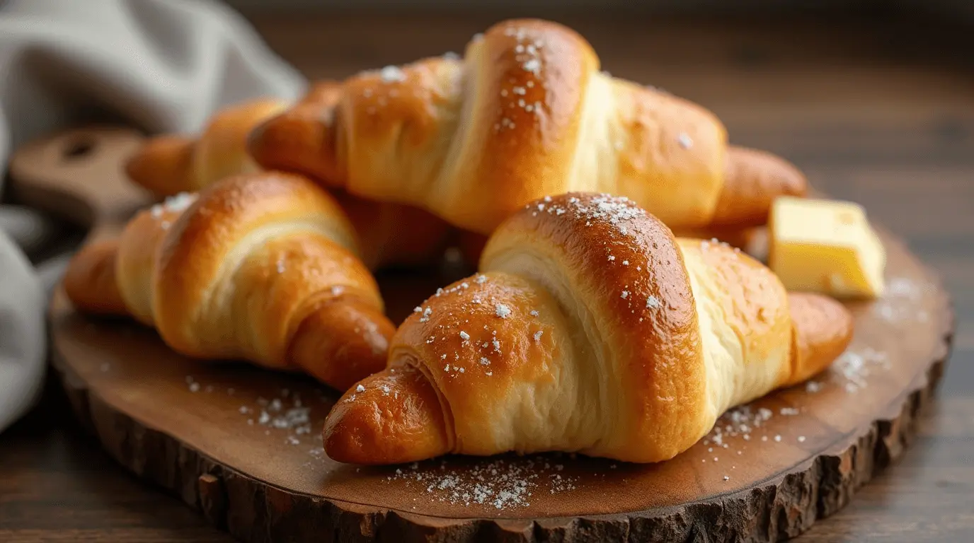Freshly baked golden-brown gluten free crescent rolls on a wooden serving board