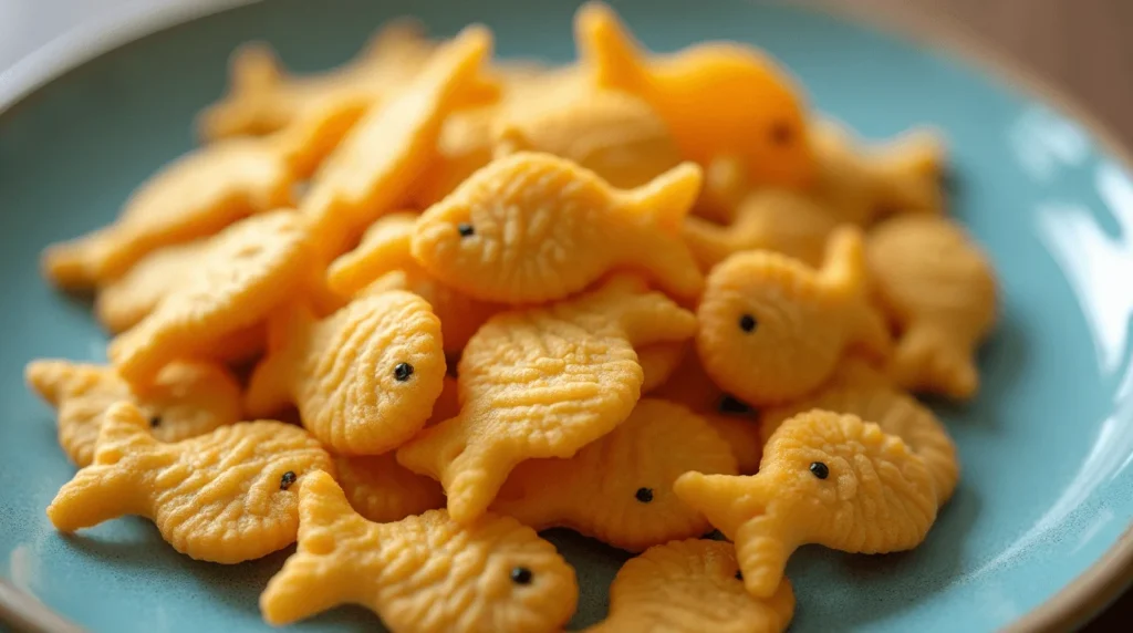 A plate filled with homemade gluten-free goldfish crackers, golden and crispy, with tiny black eyes for detail.