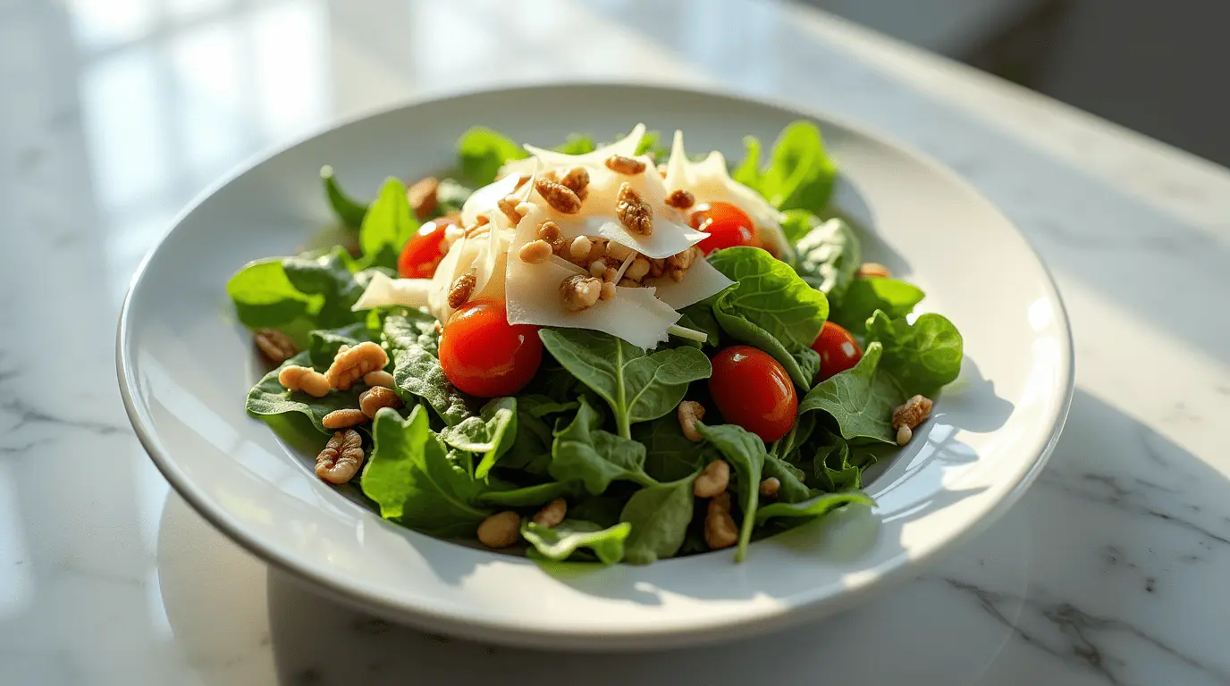 Gourmet rocket salad with parmesan, cherry tomatoes, and pine nuts on a white ceramic plate