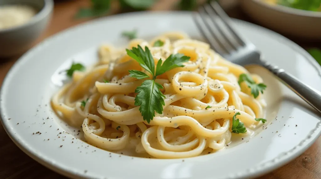 Creamy cottage cheese alfredo sauce tossed with fettuccine pasta