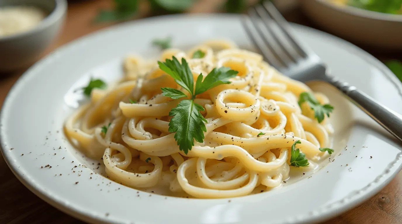 Creamy cottage cheese alfredo sauce tossed with fettuccine pasta