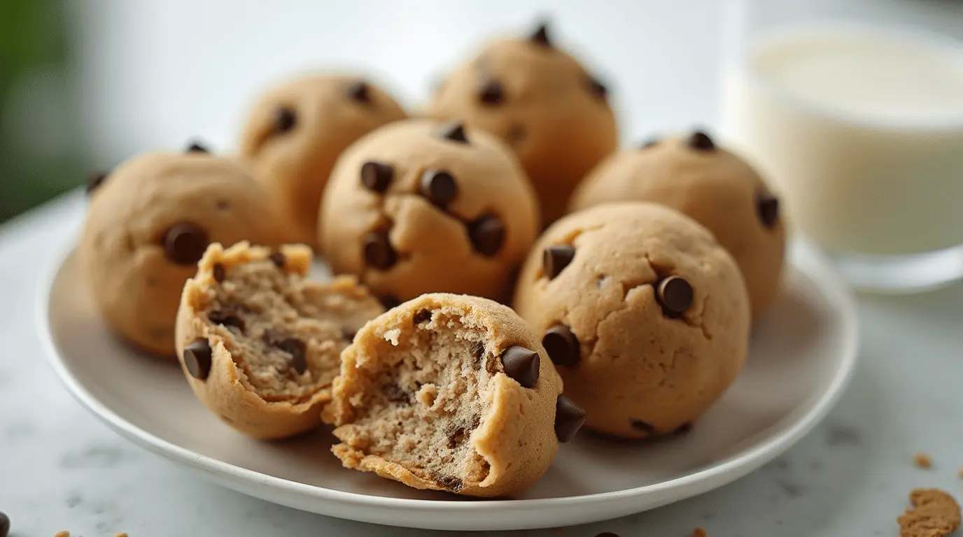 Homemade cookie dough bites with chocolate chips on a white plate