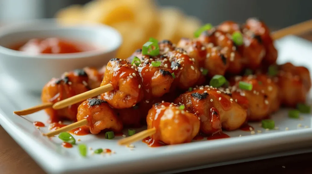 Grilled bang bang chicken skewers garnished with sesame seeds and green onions