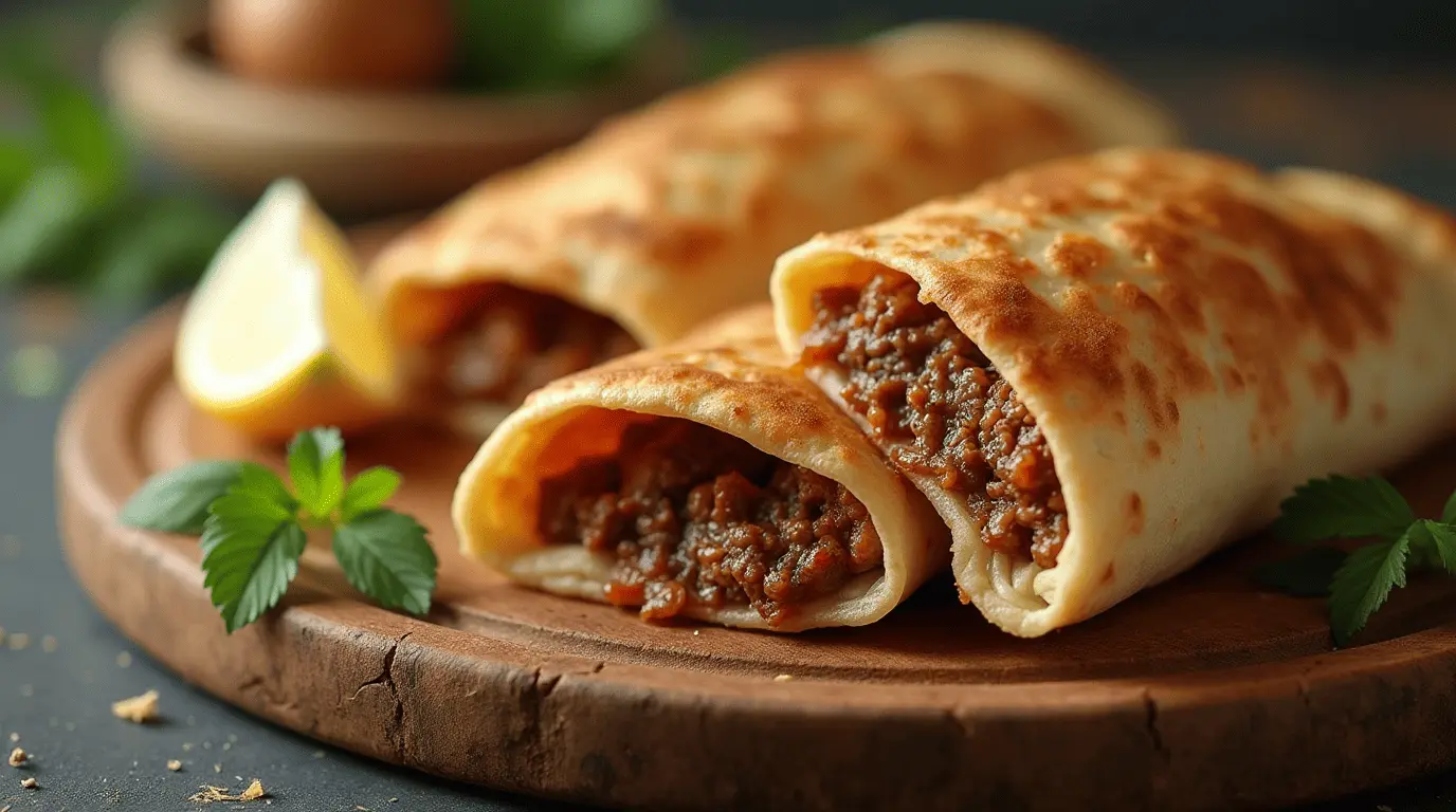 Crispy homemade arayes cut in half showing juicy meat filling served with lemon wedges