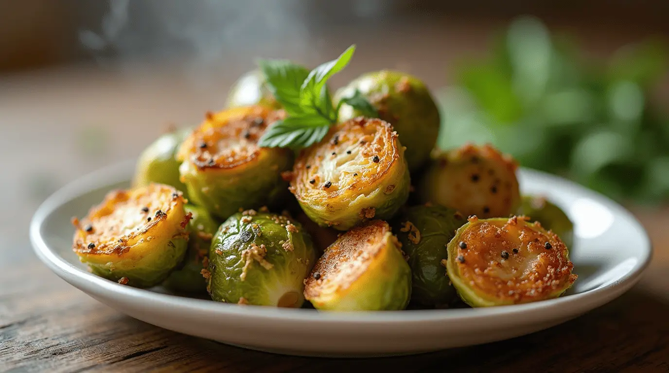 Crispy Parmesan Brussel Sprouts served in a white dish with golden-brown edges and melted cheese