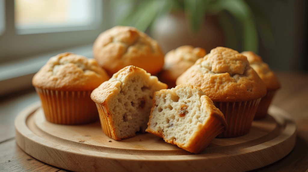 Freshly baked gluten free banana muffins with golden-brown tops on a wooden board