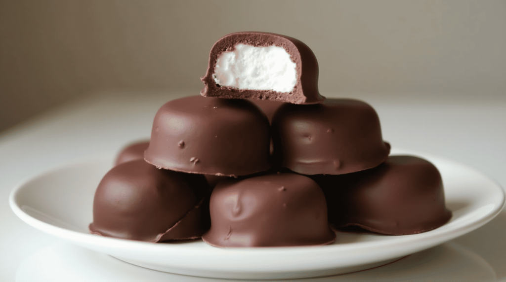Chocolate-covered cool whip candy stacked on a white plate with visible creamy filling inside.