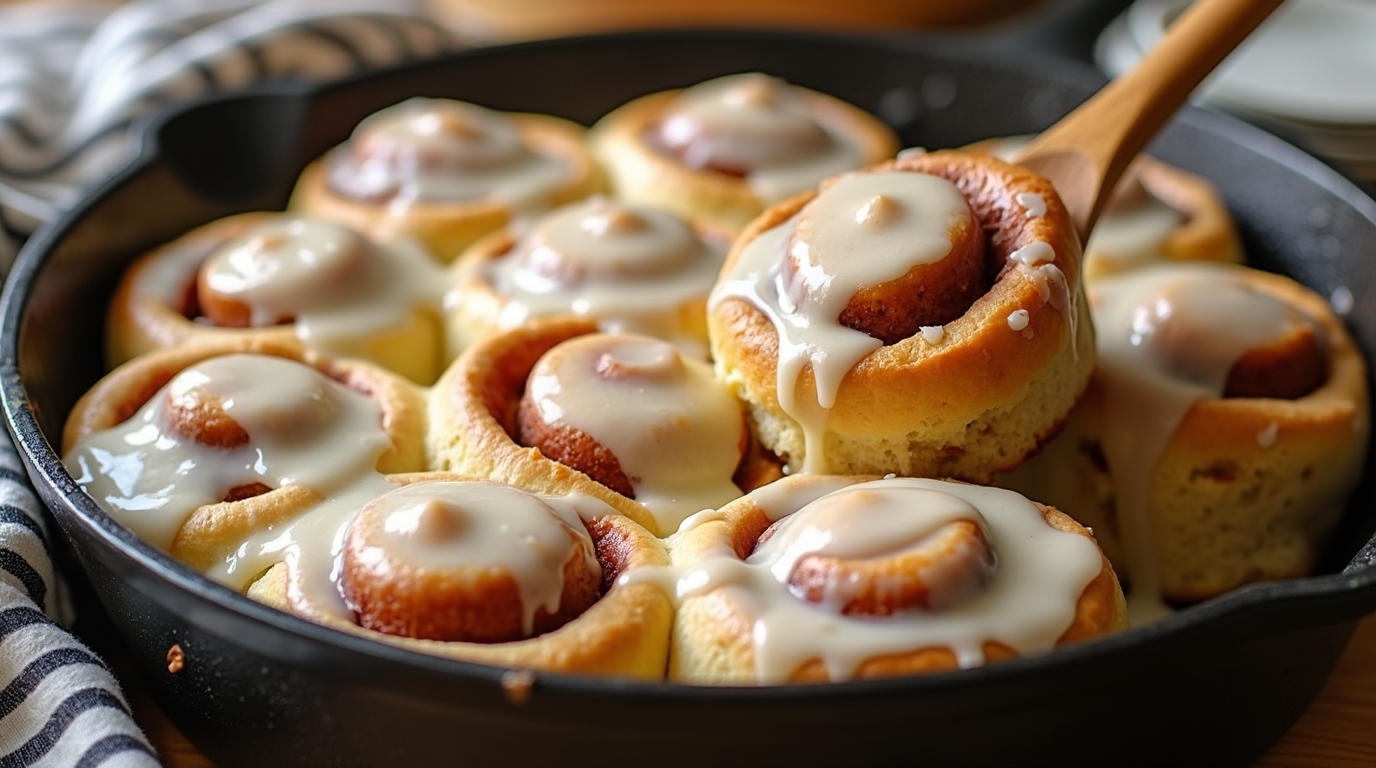 Freshly baked sourdough discard cinnamon rolls with cream cheese frosting in a ceramic baking dish