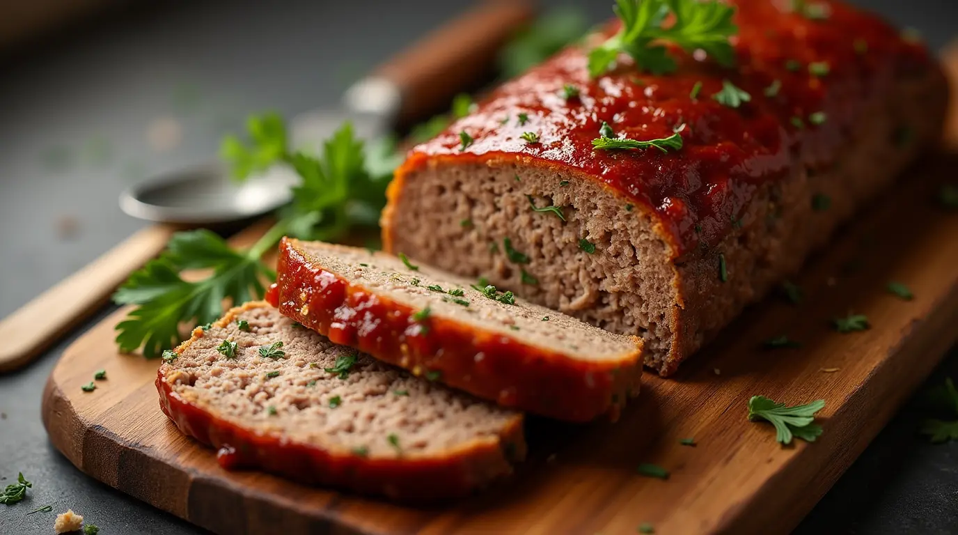 Glazed Stove Top Stuffing Meatloaf sliced on wooden serving board