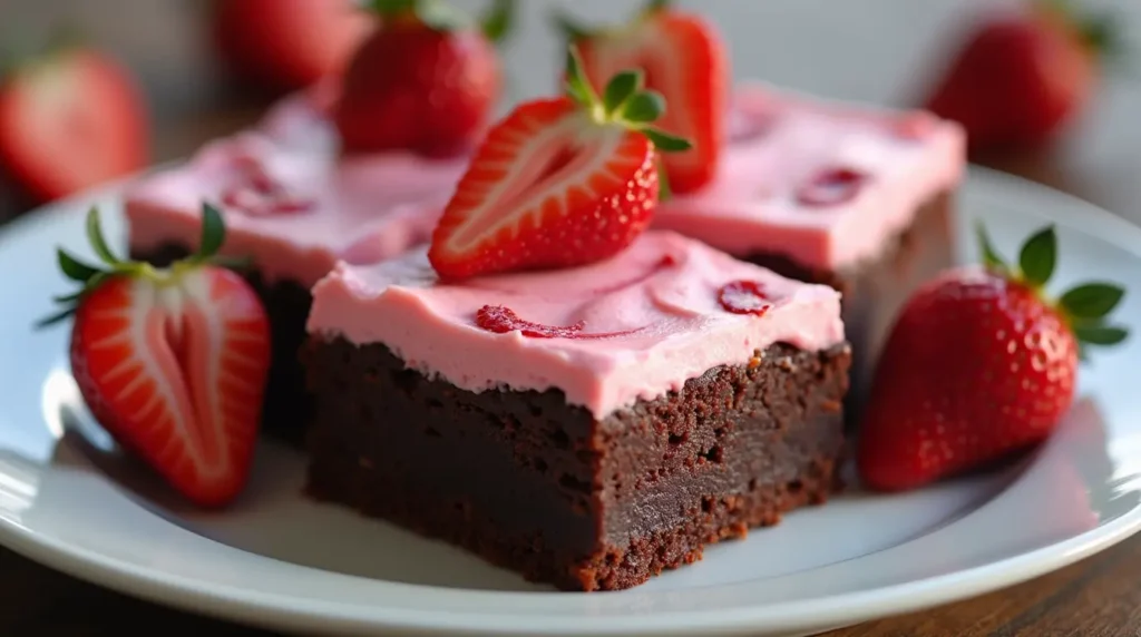Fudgy strawberry brownies with fresh strawberry garnish on a white plate