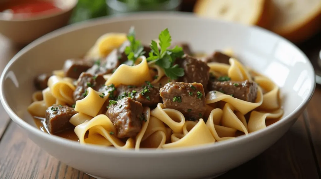 Homemade Crock Pot Beef and Noodles with tender beef chunks and egg noodles in savory gravy