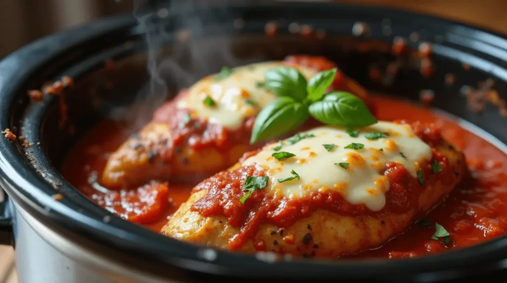 Homemade crock pot chicken parmesan with melted cheese and fresh basil