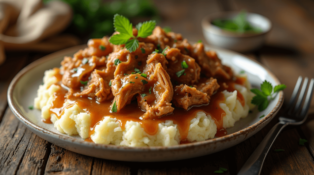 Homemade crockpot chicken and gravy served over creamy mashed potatoes, showing tender shredded chicken in rich brown gravy