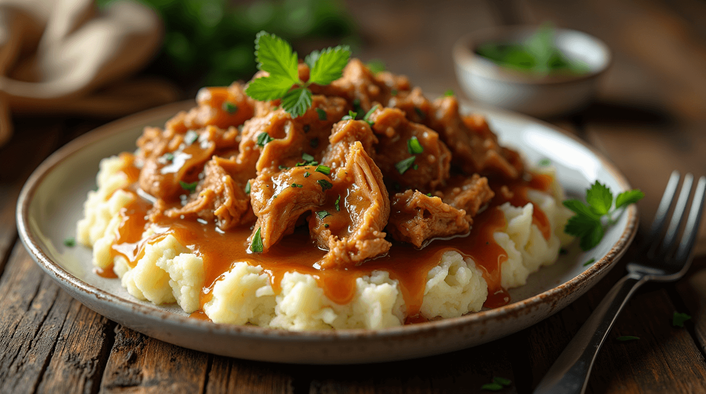 Homemade crockpot chicken and gravy served over creamy mashed potatoes, showing tender shredded chicken in rich brown gravy