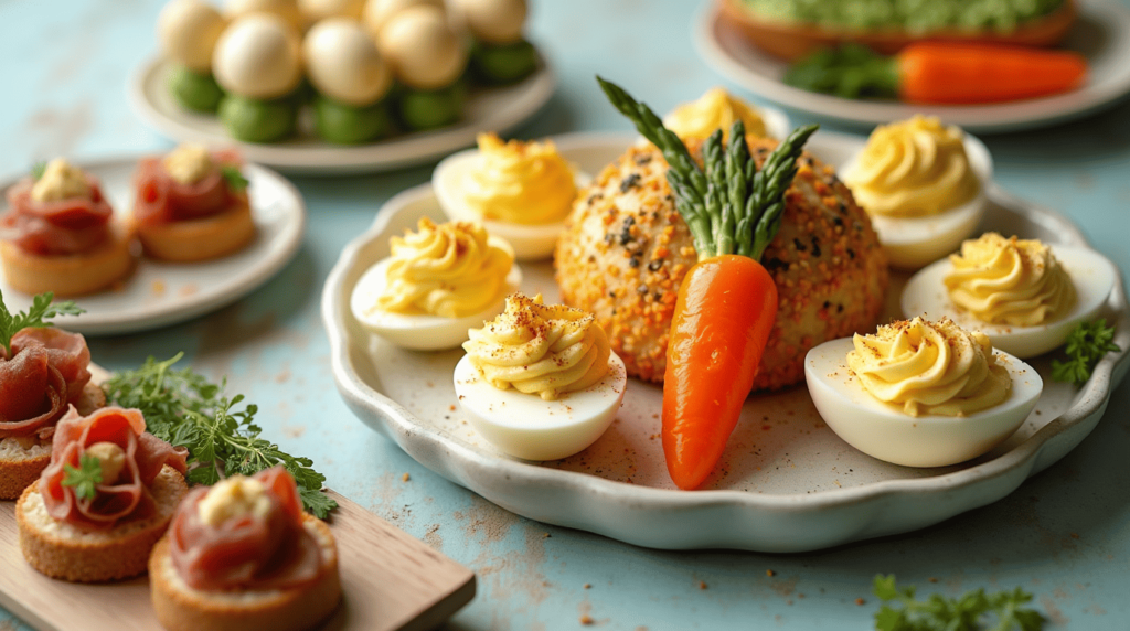 A beautifully arranged Easter appetizer spread featuring deviled eggs, carrot-shaped cheese ball, asparagus bundles, and spring vegetable crostini.