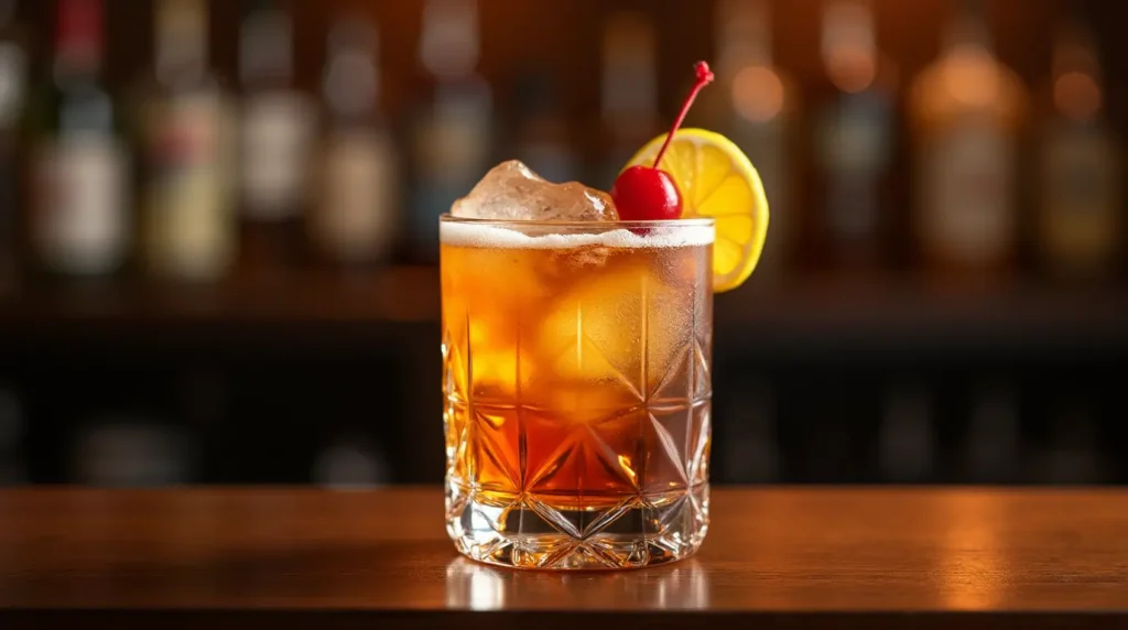 A beautifully crafted Whiskey Sour Recipe served in a rocks glass, garnished with a cherry and a lemon wheel, with soft lighting and a wooden bar counter in the background.