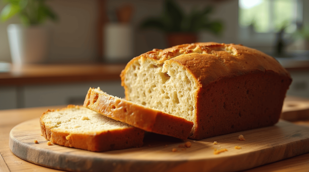 A slice of Cottage Cheese Banana Bread on a wooden cutting board, showcasing its moist texture and soft crumb with a few crumbs scattered around.