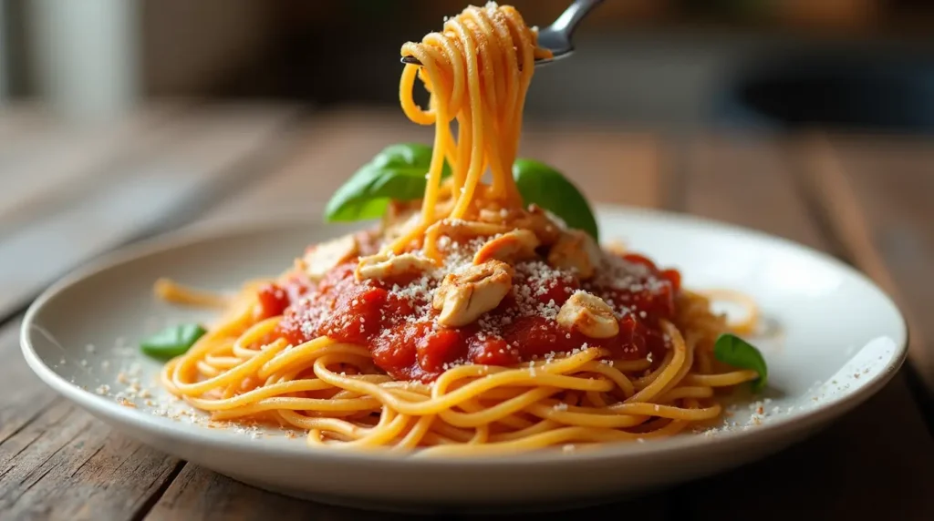 Spaghetti crock pot chicken served on a white plate with fresh Parmesan and basil garnish