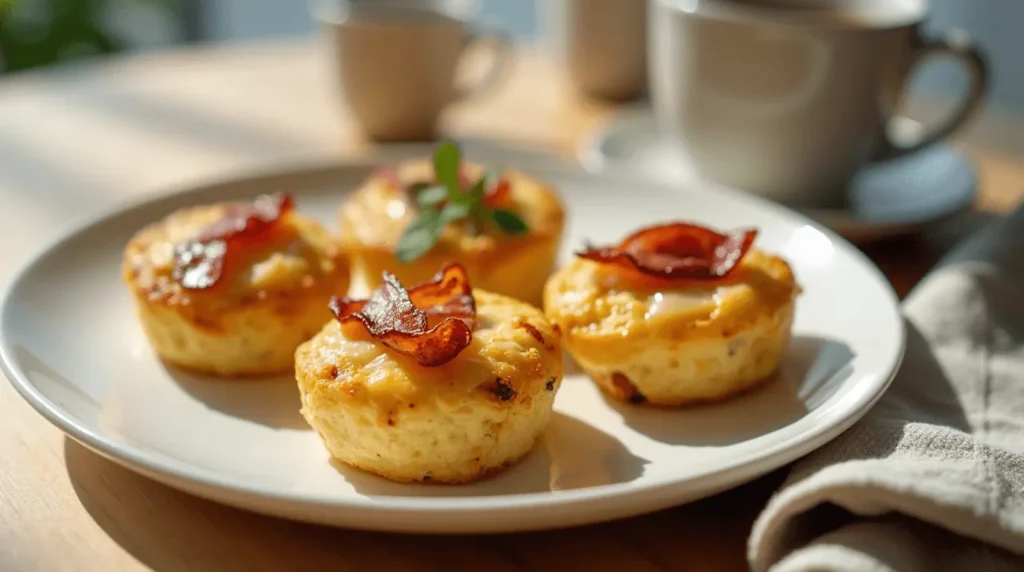Homemade bacon and gruyere egg bites served fresh on a white plate