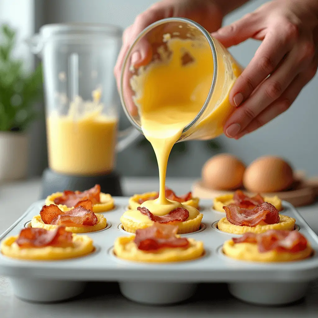 Pouring bacon and gruyere egg bite mixture into silicone muffin tin