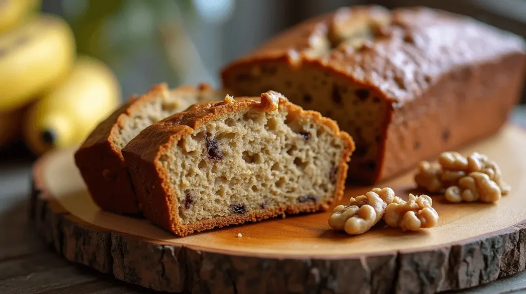 Slice of moist brown butter banana bread with melting butter on top