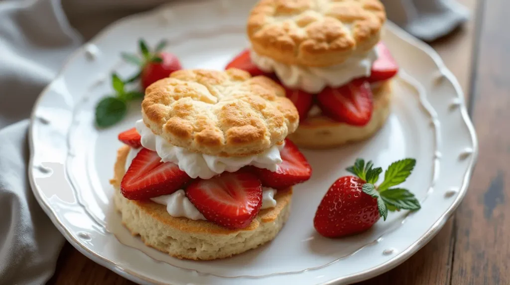 Homemade gluten free shortcake with fresh strawberries and whipped cream on a white plate