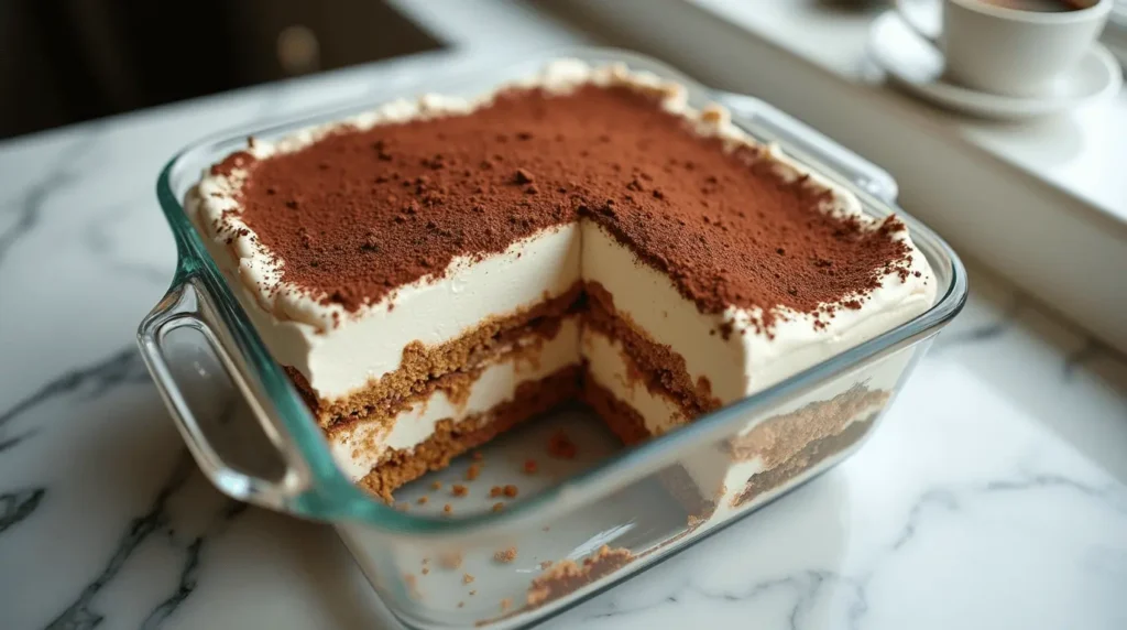 Homemade gluten free tiramisu with cocoa powder dusting and visible layers